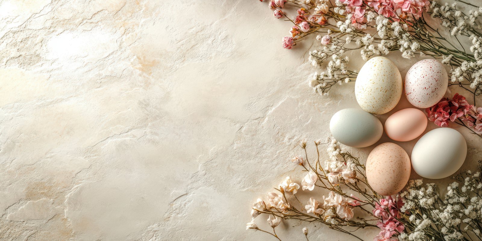 Colorful Easter eggs arranged with dried flowers on a textured surface in a spring-themed composition